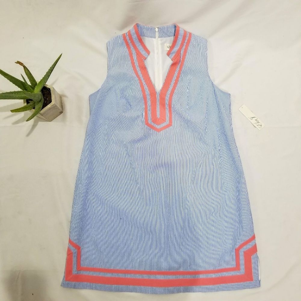 NWT ElizaJ Plus Blue Stripped Seersucker Dress-14W